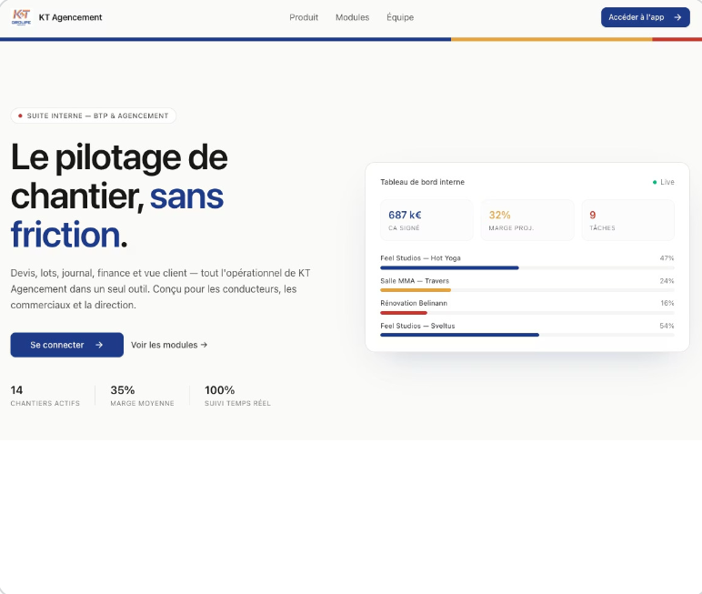 Page d'accueil de l'application interne KT Agencement